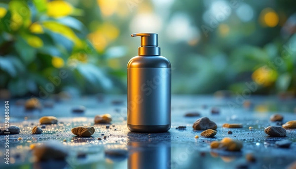 Fototapeta Luxury Soap Dispenser Bottle on Rocks Nature Background
