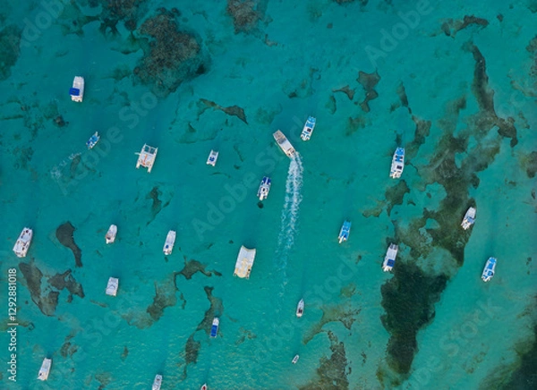 Obraz A blue ocean with many boats floating on it