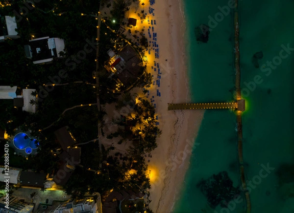 Obraz A nighttime aerial view of a beach with a pier and a hotel