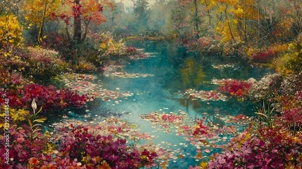 Fototapeta Autumnal Forest River Scene with Colorful Leaves and Reflections