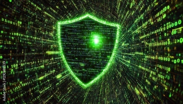 Fototapeta Visual Representation of Cybersecurity with Green Digital Shield Amidst Flowing Binary Code in a Futuristic Digital Environment