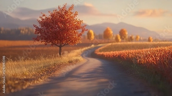 Obraz Autumnal Landscape with Red Tree and Winding Road at Sunset