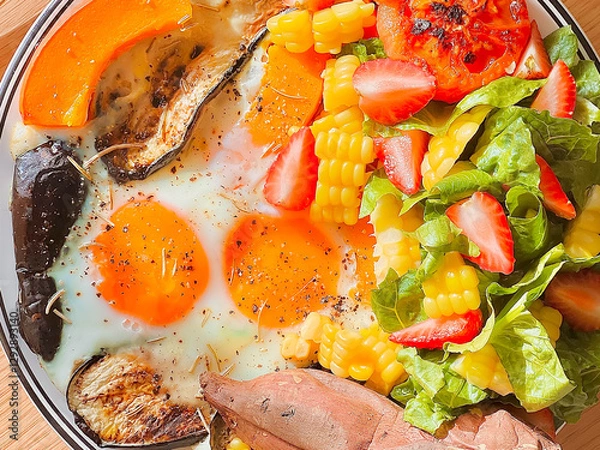 Obraz Sunny side up eggs with vegetables and sweet potato for breakfast. Delicious food.Cooking recipes. Healthy meal.Diet food.Healthy recipes.Diet food dish. Protein egg.