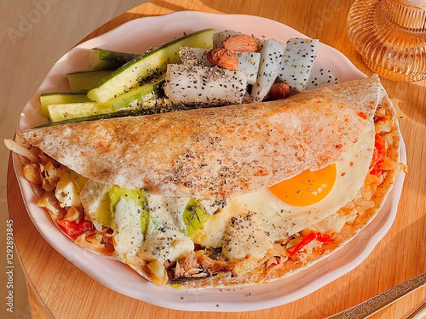 Obraz Savoury Tortilla wrap recipe for breakfast. Bruch menu. Easy home cooking. Happy holidays. Delicious food. Quick and Easy tortilla recipes. Vegetables. Home cooking. Breakfast time. Apartment living.
