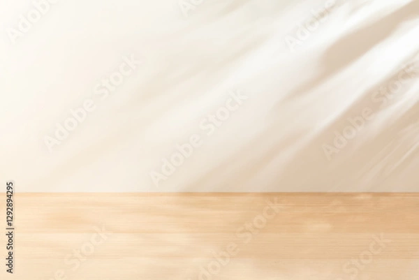 Obraz Horizontal blank warm lighting background. White and Wooden surface. Light and Shadow wallpaper. Natural leafs shadow. Bright and Shine. Space for text. Backdrop. Studio photography. Sunshine. 

