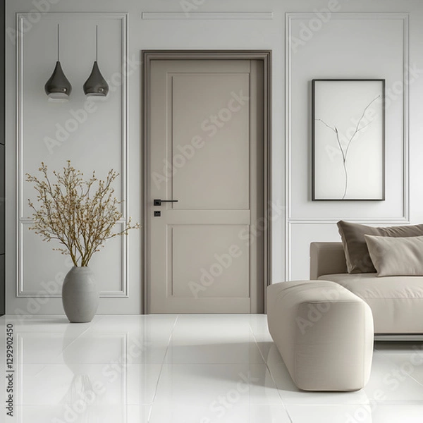 Fototapeta A 3D render of a modern interior featuring sleek, minimalist doors with clean lines and neutral colors, perfectly complementing the contemporary decor on white