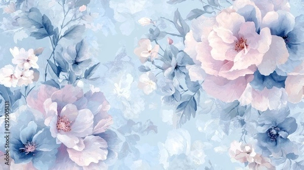 Fototapeta Soft Blue Floral Pattern with Elegant Blossoms and Delicate Leaves