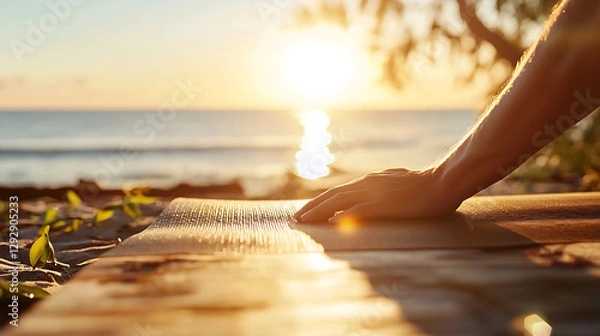 Fototapeta A hand rests on a yoga mat at a beach during sunset. The sun is low, casting a golden glow over the calm sea and sand. Green leaves are scattered nearby, and the scene exudes tranquility.
