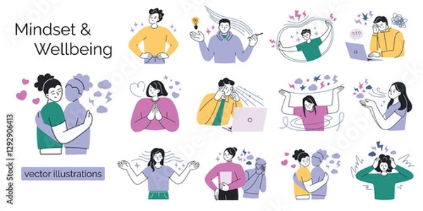 Fototapeta Vector illustrations collection on mindset and wellbeing. Mental health, emotions and psychology, people in stress and burnout, cartoon character set with mindfulness, balance, resilience, inspiration