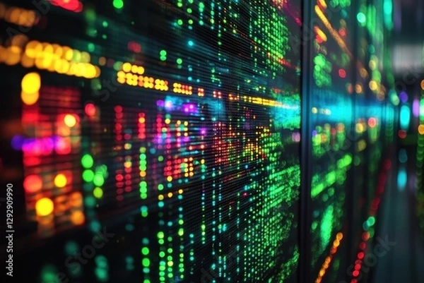 Fototapeta Vibrant Digital Data Stream on LED Display Panel in a Modern Server Room with Multicolored Lights and High-Tech Ambiance