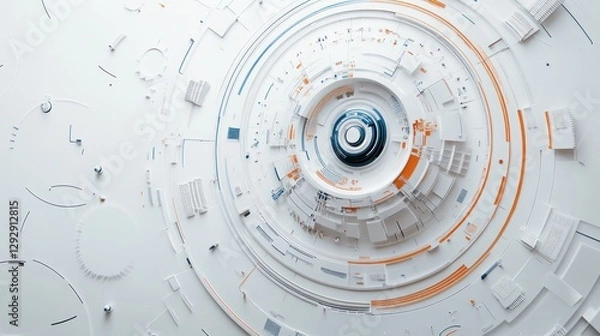 Fototapeta Abstract technological circular design with white, orange, and blue elements.