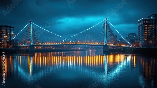 Fototapeta A stunning night view of a modern suspension bridge, with glowing lights reflecting on the river below.