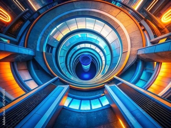 Fototapeta Aerial Drone Shot: Blue and White Concentric Circle Tunnel Architecture