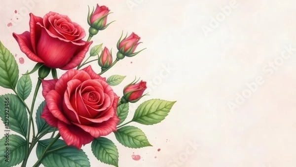 Fototapeta An Elegant Bouquet of Crimson Roses with Buds and Green Leaves on a Soft Background