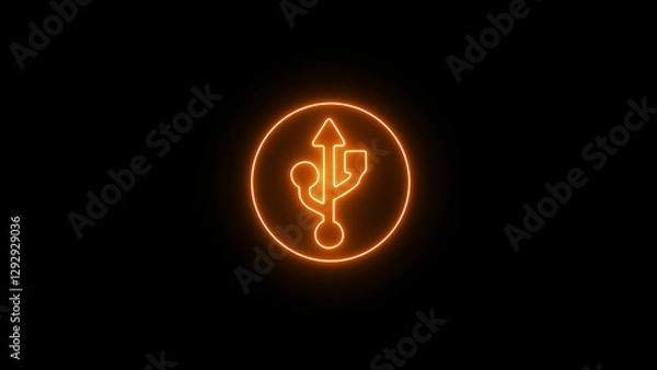 Fototapeta A glowing orange neon usb symbol inside a circle on a black background representing technology data transfer and connectivity