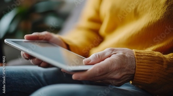 Obraz An older person is using a tablet computer with both hands