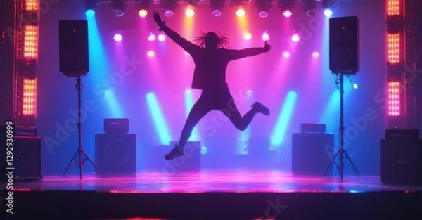 Fototapeta Neon sign stage dive silhouette leaping glowing speakers bright colorful realistic photo