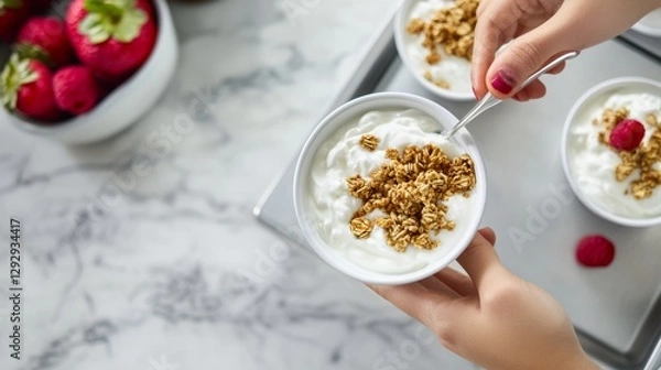 Fototapeta School cafeteria with students eating yogurt with granola. Featuring Greek yogurt, honey, and crunchy granola