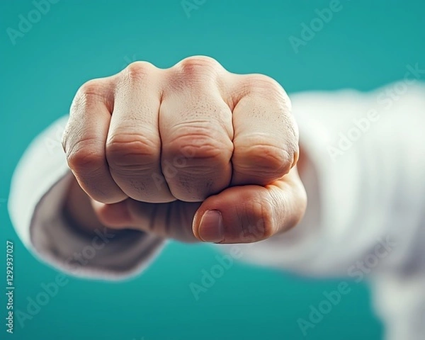Obraz Clenched fist, teal background