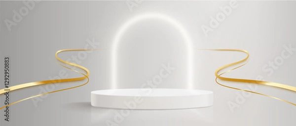Fototapeta White podium with gold line and glowing neon arch on gray background. Elegant display platform with flowing metallic ribbons. Minimalist presentation stage for luxury product or cosmetic showcase.