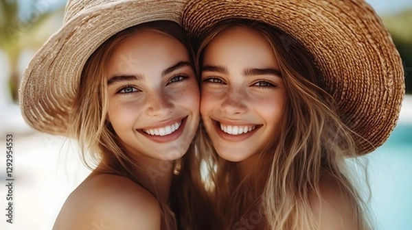 Obraz Two beautiful young women are smiling under straw hats together