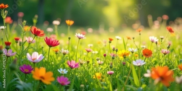 Fototapeta Vibrant wildflowers bathed in the warm glow of sunlight, a picturesque meadow teeming with colorful blossoms, creating a stunning natural scene