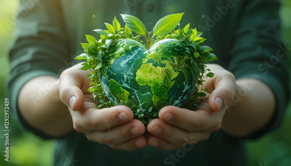 Fototapeta A heart-shaped Earth in human hands, symbolizing love for nature, sustainability, and environmental protection on a clean white background.