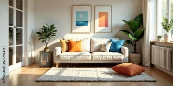 Fototapeta Sunlight streams into a modern living room, illuminating a cream-colored sofa adorned with colorful throw pillows, complemented by a fluffy rug and potted plants