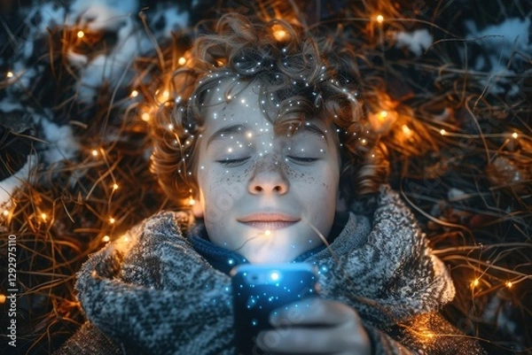 Fototapeta A child lies peacefully on the ground, surrounded by twinkling lights, while gazing at a glowing phone, evoking a sense of wonder and serenity.