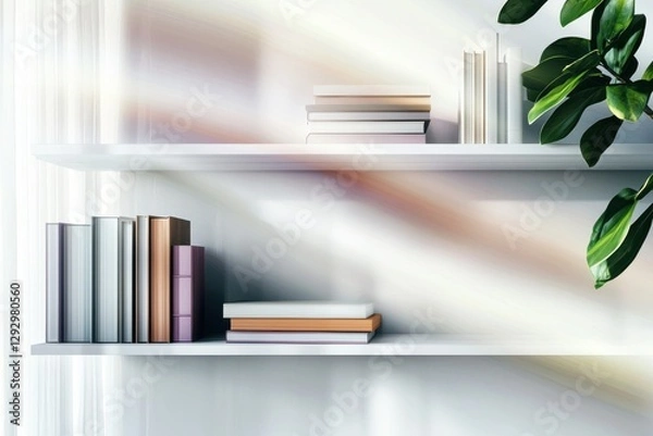 Fototapeta Bright Modern Bookshelves With Colorful Spines and Lush Greenery, Setting a Productive Atmosphere for Virtual Meetings
