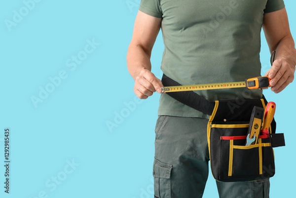 Obraz Male construction worker with measuring tape and tools on blue background