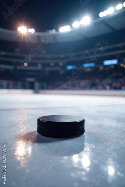 Fototapeta Single black puck rests on gleaming ice, bright stadium lights overhead , shadow, cold