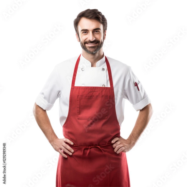 Fototapeta A man in a chef's uniform is smiling and wearing a red apron. isolated on transparent background