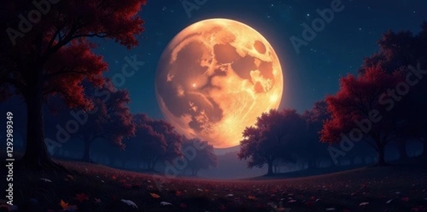 Fototapeta Enormous moon, glowing autumn trees, magical forest, mystic lights, artwork, fall