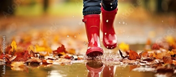 Fototapeta Child's legs in vibrant red rubber boots jumping in autumn puddles surrounded by fallen orange and yellow leaves, with water splashing upward.