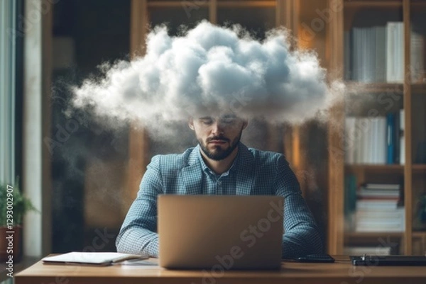 Fototapeta A man in a checkered shirt appears deep in thought as a cloud hovers above him, indicating deep meditation.