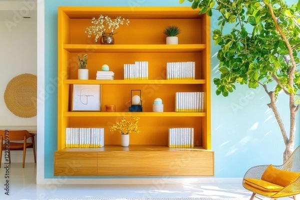 Fototapeta Bright Modern Home Office Backdrop Featuring Elegant Shelf And Greenery: Inspiring Atmosphere For Zoom Meetings