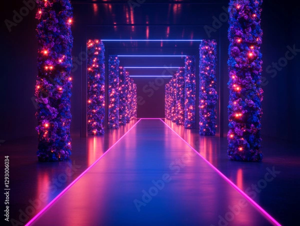 Fototapeta vibrant corridor adorned with colorful floral pillars and neon lights creates stunning visual experience