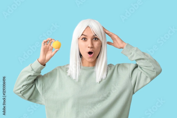 Fototapeta Beautiful young shocked woman with clown nose on blue background. April Fools Day celebration