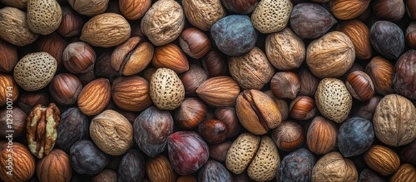 Fototapeta Healthy assortment of organic mixed nuts and dried fruits in a wooden bowl with warm brown tones on a rustic wooden background.