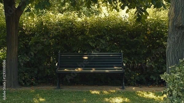 Fototapeta A serene park bench amidst lush greenery, embodying tranquility and nature's calm embrace.