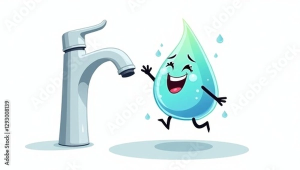 Fototapeta Cheerful Water Droplet Leaping From Faucet