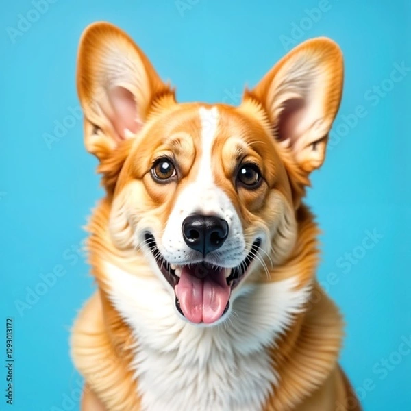 Obraz A corgi dog with brown and white fur, pointy ears, and a happy expression, set against a solid light blue background