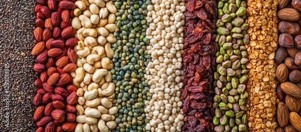 Fototapeta Colorful assortment of various nuts and seeds arranged in stripes, including almonds, pistachios, and lentils on a textured brown background.