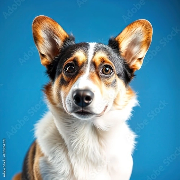 Obraz A corgi dog with brown and white fur, pointy ears, and a happy expression, set against a solid light blue background