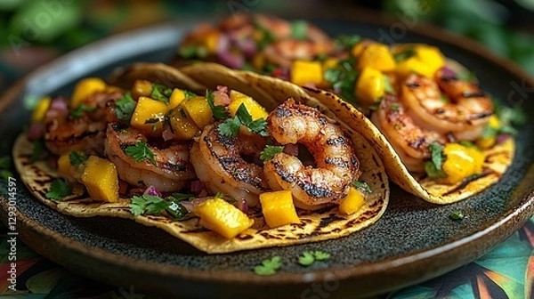 Fototapeta Grilled shrimp tacos with mango salsa coastal restaurant food photography vibrant atmosphere