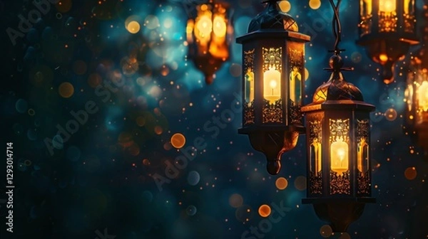 Fototapeta Ramadan lanterns with night bokeh light background, ramadan kareem background
