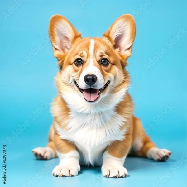 Obraz A corgi dog with brown and white fur, pointy ears, and a happy expression, set against a solid light blue background
