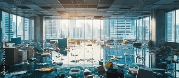 Fototapeta Abandoned office space filled with debris including plastic waste showcasing pollution impact on water systems under bright natural light from windows