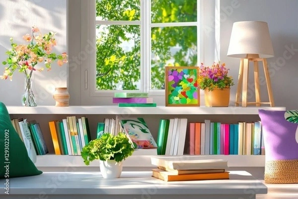 Fototapeta Bright Modern Home Office Backdrop With Books, Flowers, And Natural Light Creating A Bright Ambient Setting